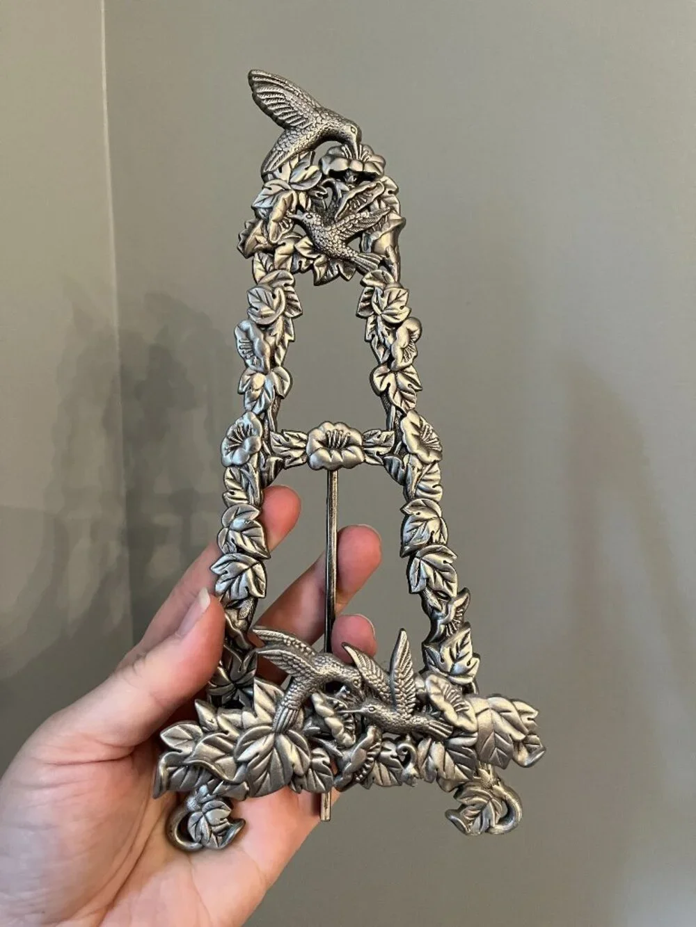 Art Nouveau Hummingbird & Floral Pewter Tone Decorative Easel Stand For Photos O